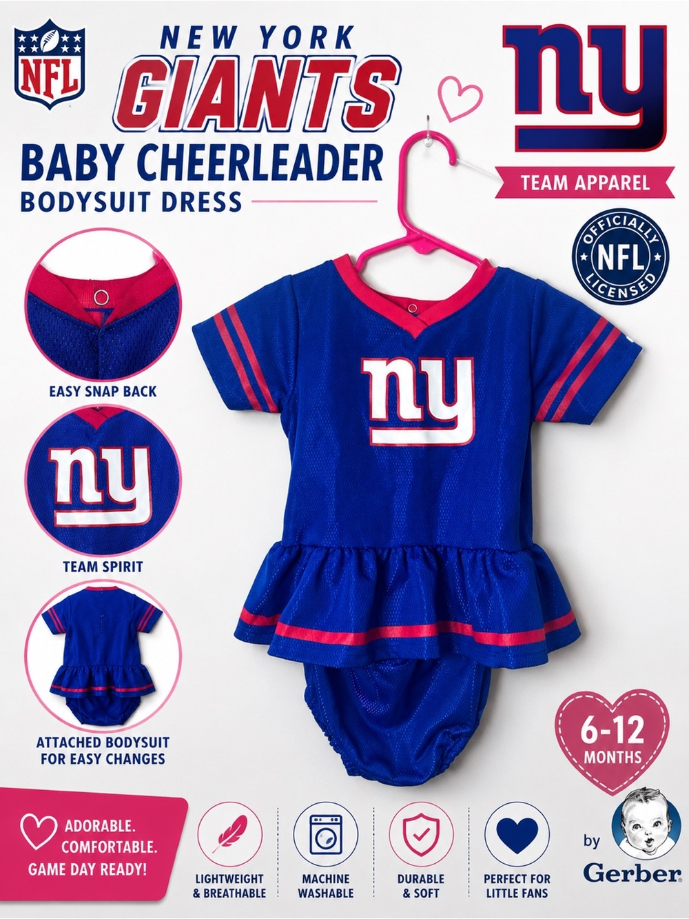 NFL New York Giants Infant Dazzle Dress & Panty Size 6-12m Youth Gerber NWOT